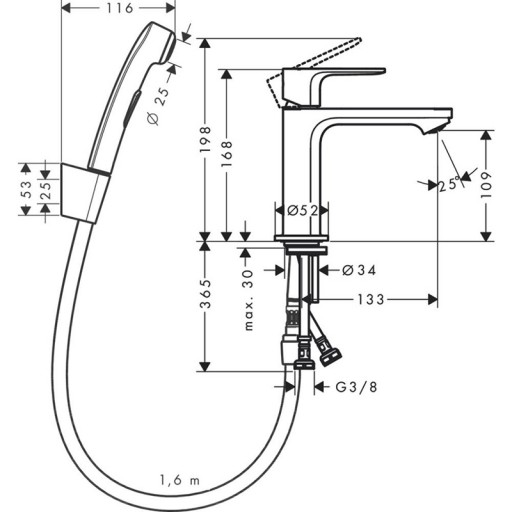 Смеситель для раковины HANSGROHE Rebris S 72215670 с гигиеническим душем черный матовый